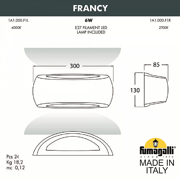 Уличный настенный светильник Fumagalli Francy 1A1.000.000.WYF1R